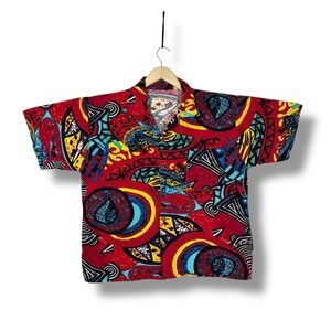 Vintage Hawaiian Button Up Shirt Mens XXL Abstract Tribal Camp Vacation Retro